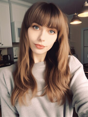 Wall Mural - A photo of 20 years woman, a selfie in the kitchen with bangs and long hair. in casual. 