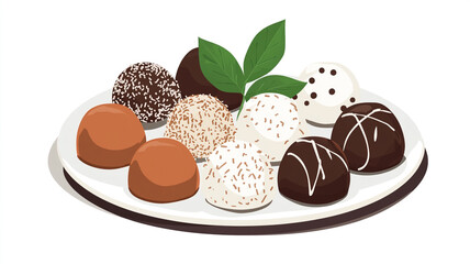 Poster - Assorted truffles displayed on a plate with a sprig of mint, Food Illustration