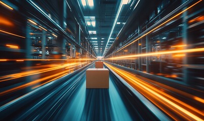 Poster - A dynamic view of a package moving through a high-tech warehouse.
