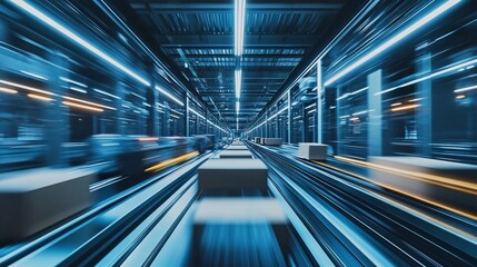 Poster - A dynamic warehouse scene with packages moving on conveyor belts.