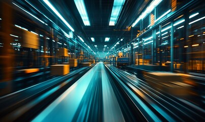 Poster - A dynamic view of an industrial warehouse with packages and conveyor belts.