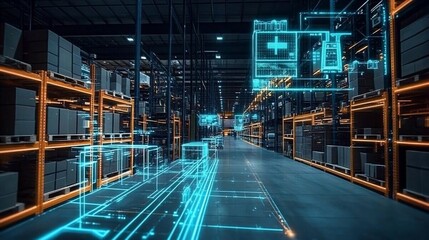 Poster - A futuristic warehouse with digital overlays for inventory management.