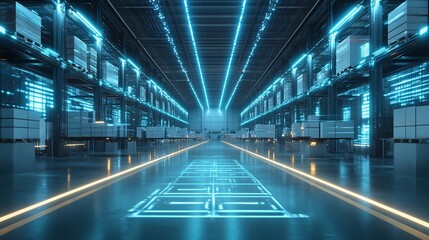 Poster - A futuristic warehouse with glowing blue lights and organized shelving.