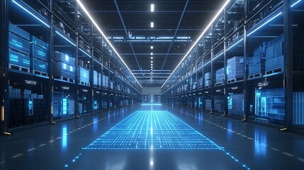 Poster - A high-tech warehouse with digital displays and organized shelving.