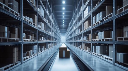 Poster - A modern warehouse interior with shelves filled with boxes.