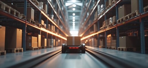 Poster - A robotic vehicle transporting packages in a warehouse setting.
