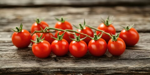 Wall Mural - Fresh cherry tomatoes arranged in a cluster on a rustic wooden table create a vibrant and inviting display of cherry tomatoes, enhancing the natural beauty of any culinary setting.