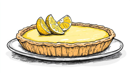 Poster - Tart with smooth, even lemon filling, set in a shortcrust pastry base on a table, Food Art