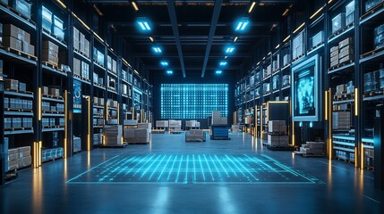 Poster - Futuristic warehouse with digital displays and organized storage.