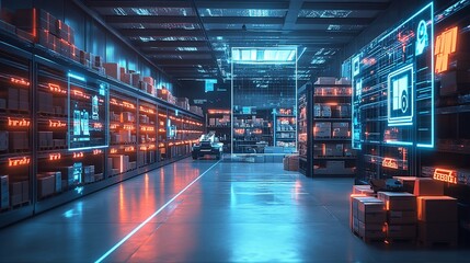 Poster - Futuristic warehouse with glowing shelves and digital interfaces.