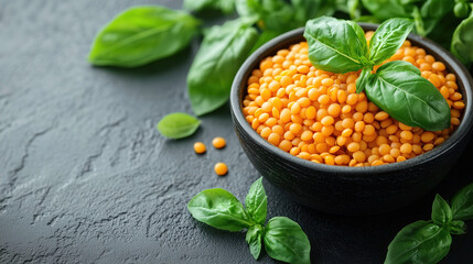 Wall Mural - Golden lentils with fresh basil leaves arranged in a black bowl on a dark textured surface. Generative AI