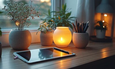 Wall Mural - Cozy Evening Workspace: A Window Sill Sanctuary