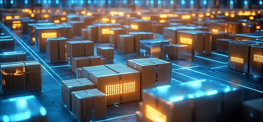 Poster - A futuristic warehouse scene with illuminated storage boxes and circuitry.