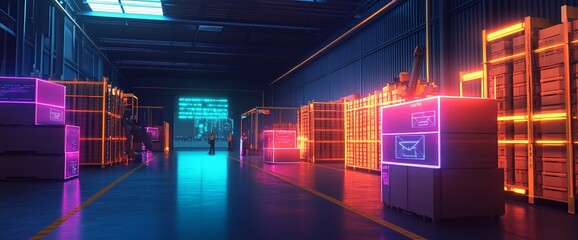 Poster - A futuristic warehouse with glowing crates and digital screens.