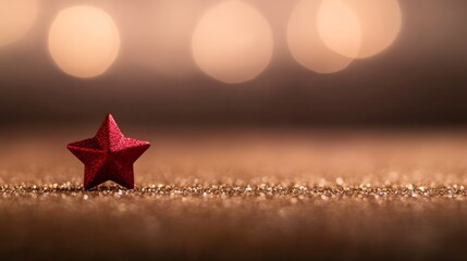 Poster - A single red and gold star ornament shines against a textured surface, casting soft shadows and inviting a festive atmosphere with warm bokeh lights in the background