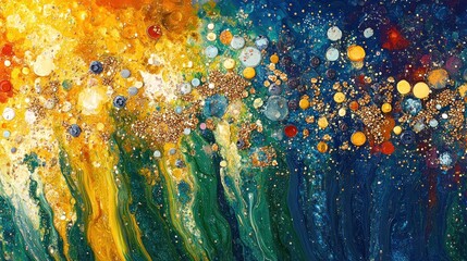 Wall Mural - An abstract artwork featuring vibrant colors and circular shapes resembling cosmic elements.