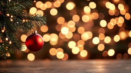 Aufkleber - A red Christmas ornament hangs gracefully from a snow-dusted fir tree branch while warm golden lights create a festive and inviting holiday ambiance