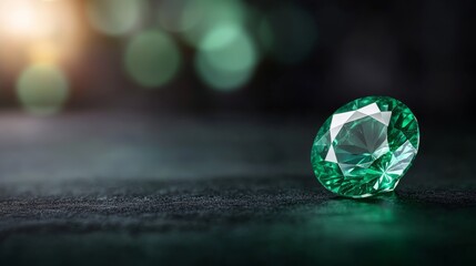 Poster - A polished green emerald with precise facets captures light, creating a stunning brilliance and soft green reflections on a dark background, offering ample copy space