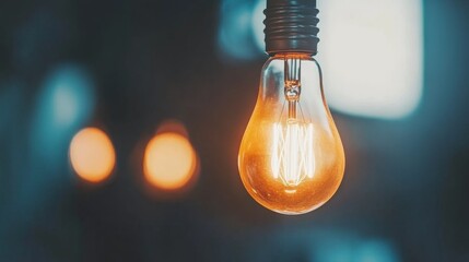 Fototapete - A light bulb emits a warm glow in a dark setting, casting gentle shadows. Its intricate filament symbolizes creativity and innovation, enhancing the ambiance