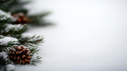 Poster - Close-up of snow-dusted pine needles and cones set against a blurred white background captures the essence of winter's calm, ideal for seasonal projects