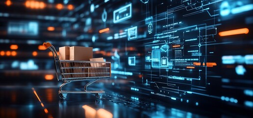 Wall Mural - a shopping cart with boxes against a digital data background.