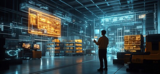 Poster - A person analyzes digital data in a high-tech warehouse environment.