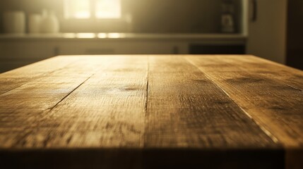 Aufkleber - A rustic wooden countertop captures soft light, reflecting the warmth of a homey kitchen, ready for cooking, preparation, or artistic displays of food