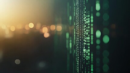 Fototapete - A vibrant flow of green binary code cascades against a dark background, evoking a high-tech aesthetic with an abstract glow and ample copy space on the left