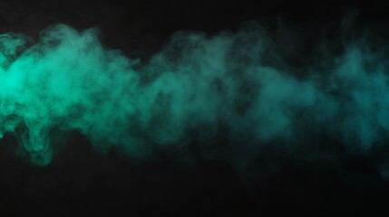 Fototapete - A swirling cloud of green and blue smoke moves gently against a pitch-black background, presenting an abstract texture with a space for design elements