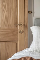 Canvas Print - Light Wood Door and Crisp White Bedding in Bedroom