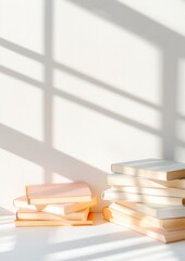Fototapete - Pastel Light Shadow Play on Stacked Books in Minimalist Setting