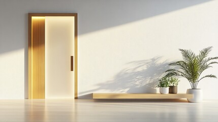 Canvas Print - Minimalist Interior Design With Wooden Door And Plants