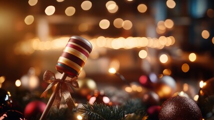 Poster - A maraca wrapped in a ribbon is surrounded by fir branches, colorful ornaments, and twinkling fairy lights, creating a warm and inviting festive atmosphere