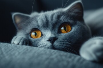 Wall Mural - A grey cat with yellow eyes is laying on a couch