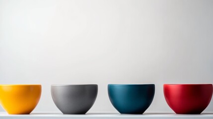 Aufkleber - Four colorful ceramic bowls in red, gray, yellow, and blue are stylishly arranged on a clean white shelf, creating a modern and minimalist aesthetic