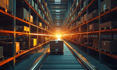 Poster - A warehouse interior with shelves of boxes and a sunset glow.