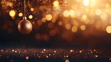 Aufkleber - A shimmering gold Christmas ornament hangs delicately from a thread, illuminated by warm lighting, set against a blurred background of twinkling lights and sparkles