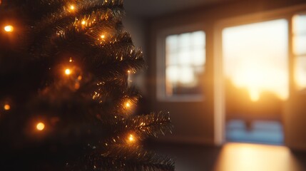 Poster - A beautifully decorated Christmas tree shines with golden lights indoors, creating a warm atmosphere as evening sunlight softly illuminates the room