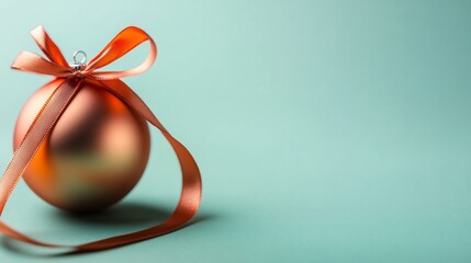 Aufkleber - A gold Christmas ornament tied with a satin ribbon rests on a pastel green background, reflecting soft light and enhancing the festive mood with elegance