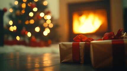 Aufkleber - A Christmas tree adorned with red and gold ornaments enhances a warm fireplace. Luxurious gift boxes rest in the foreground, creating a charming holiday ambiance