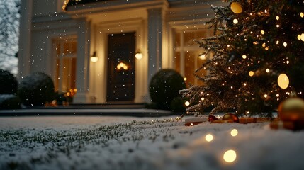 Poster - A beautifully decorated Christmas tree stands in the snow, its lights twinkling as snowflakes fall around. The warm glow enhances the holiday spirit outdoors