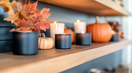 Aufkleber - Frontal view showcases a rustic wooden shelving unit filled with seasonal decorations like pumpkins and candles, illuminated by soft light highlighting the textures