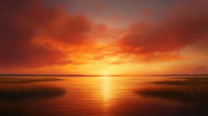 Aufkleber - Warm orange and pink hues fill the sky during sunset, reflecting beautifully on the calm surface of a lake surrounded by tranquil nature