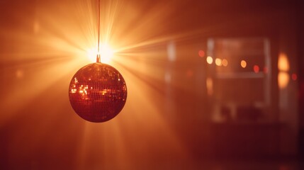 Poster - A shiny gold disco ball hangs from the ceiling in a dimly lit room, casting colorful light rays on surrounding surfaces that enhance the festive atmosphere