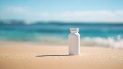 Aufkleber - A white vitamin bottle stands on soft sand at a tropical beach, surrounded by gentle ocean waves and a clear sky, creating a serene, minimalist feel