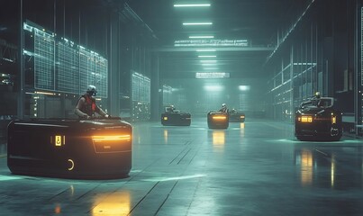 Poster - Futuristic warehouse scene with autonomous robots transporting goods.