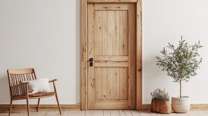 Canvas Print - Wooden Doorway With Chair Plants And Minimalist Decor