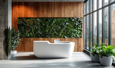 Wall Mural - Modern bathroom with a freestanding tub and vertical garden wall.