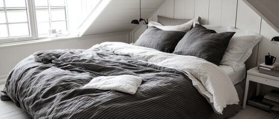 Canvas Print - Stylish Grey and White Striped Bedding in a Cozy Bedroom