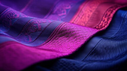 Poster - Close-up view of a vibrant patchwork fabric featuring intricate patterns and bold contrasts, highlighting the rich textures and fine stitching details
